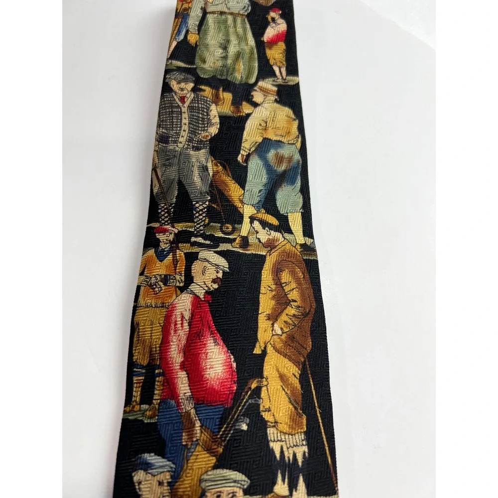 Vintage Tango by Max‎ Raab Necktie Mens OS Black Golf Scene Silk Made in USA E15